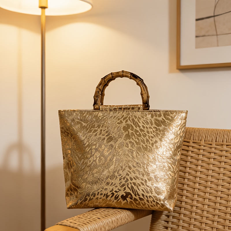 女性向けの、上品な光沢のあるメタリックゴールドのジャカード織 - Luxury Bags Tote のレビューと価格