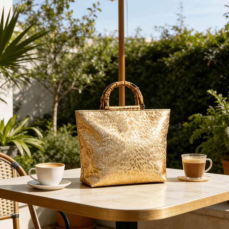 女性向けの、上品な光沢のあるメタリックゴールドのジャカード織 - Luxury Bags Tote のレビューと価格